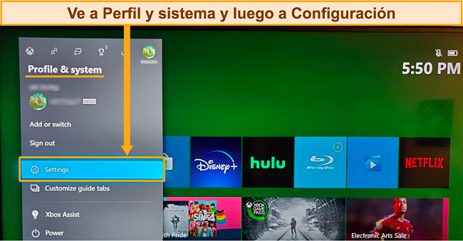 Captura de pantalla de acceso a la configuración de xbox