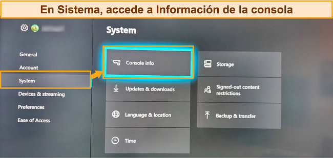 Captura de pantalla del acceso a la información de la consola xbox