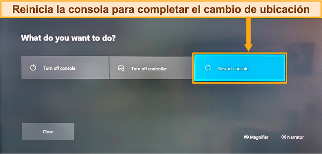 Captura de pantalla de cómo completar el cambio de ubicación de Xbox al reiniciar