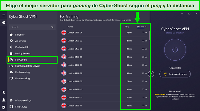 Capturas de pantalla de los servidores optimizados para juegos de CyberGhost en Londres, Reino Unido