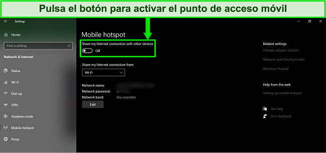 Captura de pantalla de la opción Mobile Hotspot en el sistema operativo Windows