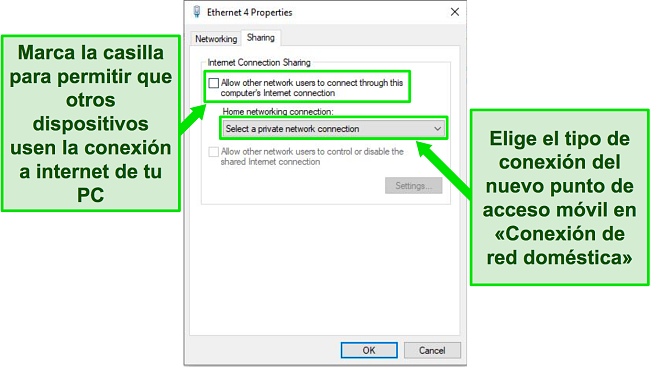 Captura de pantalla de la ventana emergente Ethernet y propiedades en el sistema operativo Windows
