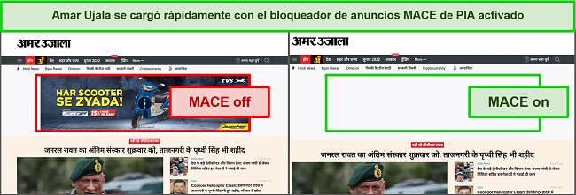 Captura de pantalla de PIA MACE eliminando anuncios en un sitio de noticias