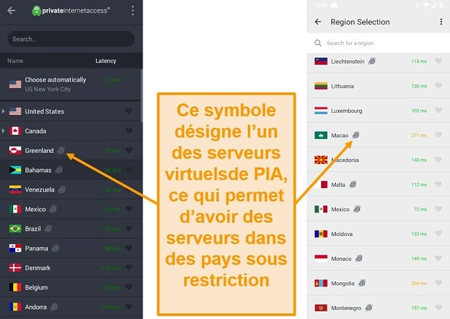 Capture d'écran du client de bureau PIA et du programme Android, montrant les serveurs géolocalisés