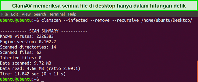 Tangkapan layar pemindai virus ClamAV CLI