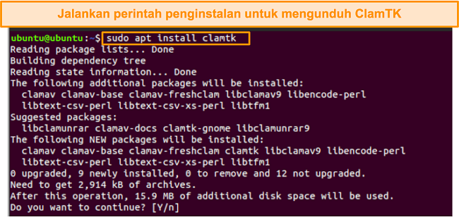 Tangkapan layar perintah instalasi ClamTK di Ubuntu