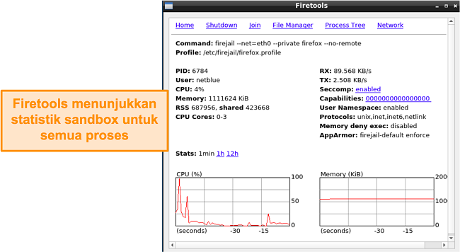 Tangkapan layar halaman statistik Firetools