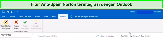 Tangkapan layar integrasi Pindai Email Norton Antivirus dengan Outlook