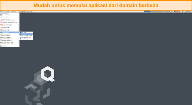 Tangkapan layar yang menunjukkan menu mulai OS Qubes