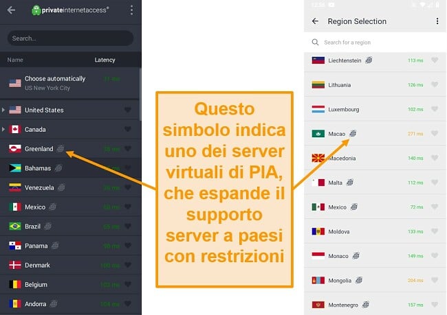 Screenshot del client desktop PIA e del programma Android, che mostra i server geolocalizzati