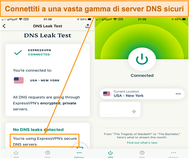 Screenshot di server DNS sicuri e DNS Leak Test utilizzando ExpressVPN