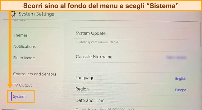 Screenshot del menu Impostazioni di sistema su Nintendo Switch