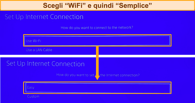 Screenshot che mostra le opzioni di configurazione della PlayStation per la connessione a Internet