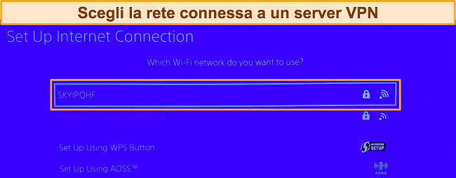 Screenshot della schermata di configurazione della PlayStation e della scelta della connessione di rete Wi-Fi