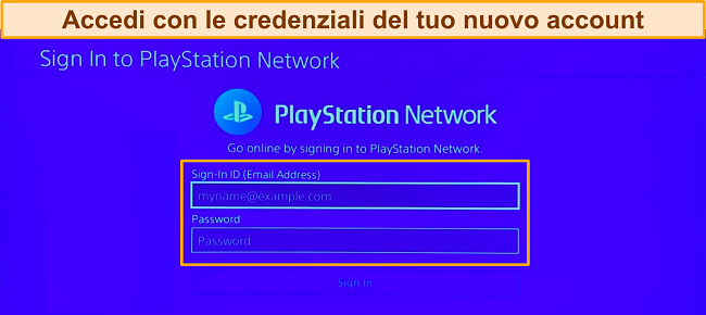 Screenshot della schermata di accesso all'account PlayStation Network