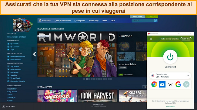 Screenshot della dashboard di Steam con ExpressVPN connesso a un server statunitense