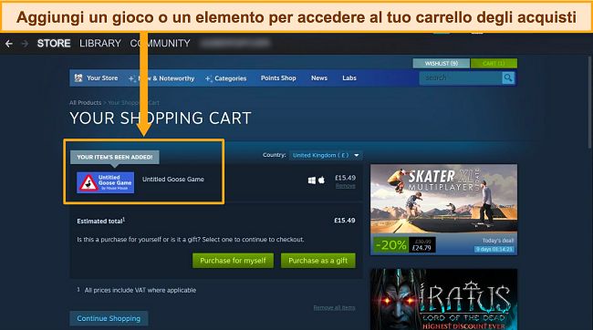 Screenshot della dashboard di Steam con l'evidenziazione che circonda un gioco aggiunto di recente al carrello