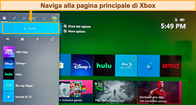 Screenshot dell'accesso alla schermata iniziale di Xbox