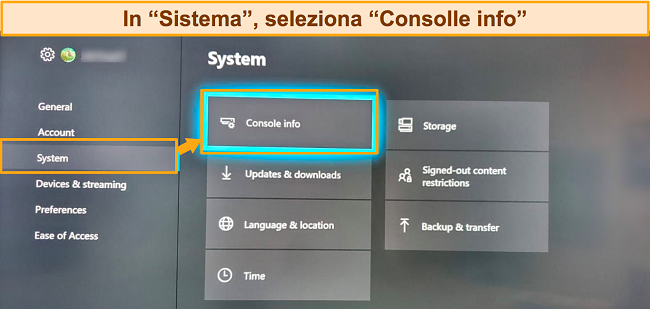 Screenshot dell'accesso alle informazioni della console Xbox