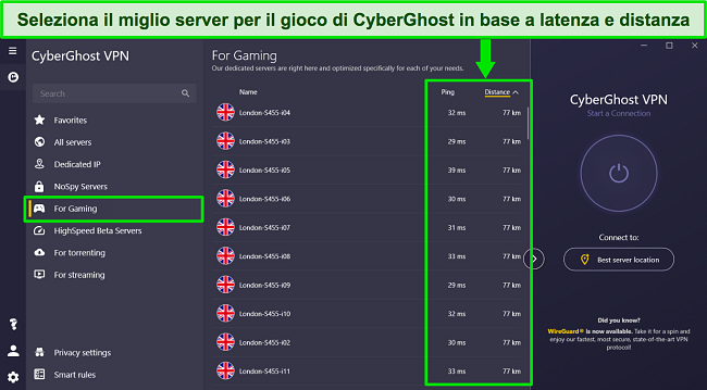 Screenshot dei server ottimizzati per i giochi di CyberGhost a Londra, Regno Unito