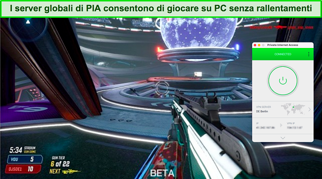 Screenshot di Splitgate mentre Private Internet Access è connesso a un server a Berlino, Germania