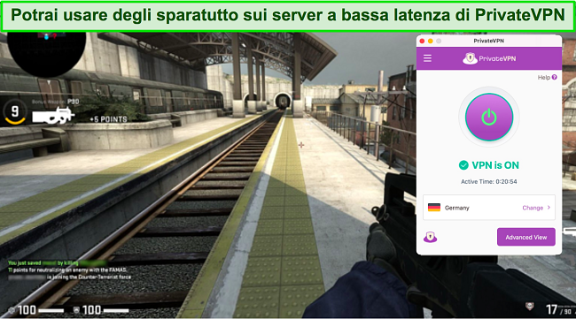 Screenshot di Counter-Strike: Global Offensive mentre PrivateVPN è connesso a un server in Germania