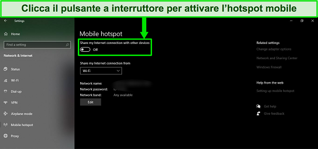 Screenshot dell'opzione Mobile Hotspot su sistema operativo Windows