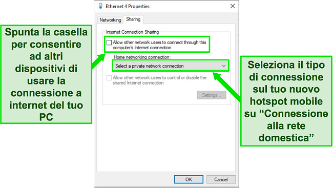 Schermata della finestra a comparsa Ethernet e Propriet&agrave; sul sistema operativo Windows