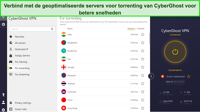 Screenshot van de Windows-app van CyberGhost met voor torrenting geoptimaliseerde servers