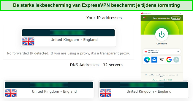 Screenshot van de IP/DNS-lektest van ExpressVPN terwijl hij verbonden was met een server in het Verenigd Koninkrijk