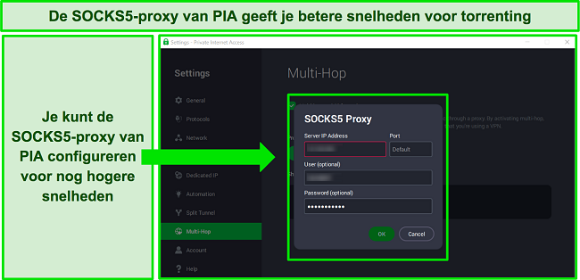 Screenshot van PIA's interface met SOCKS5 Proxy-configuratie
