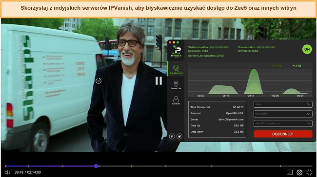 Zrzut ekranu przedstawiający odblokowanie Zee5 przez IPVanish