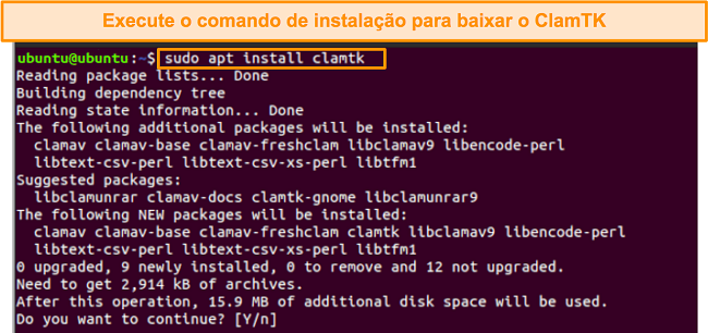 Captura de tela do comando de instalação do ClamTK no Ubuntu