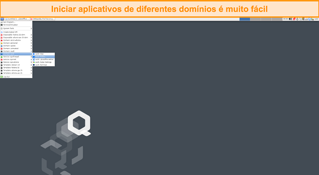 Captura de tela mostrando o menu iniciar do Qubes OS