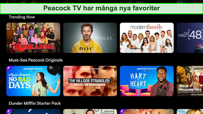 Skärmdump av Peacock TVs startskärm