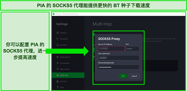 显示 SOCKS5 代理配置的 PIA 界面截图