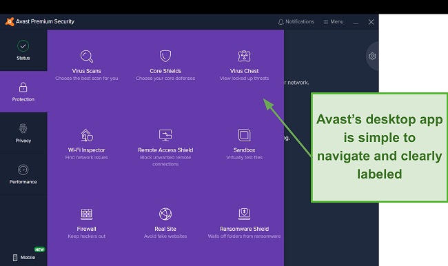 Screenshot of Avast's desktop app interface