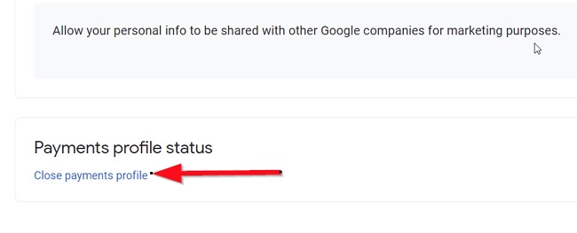 A Google Pay fizetési profil bezárása képernyőképe