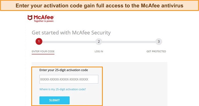 Screenshot of McAfee's product activation screen