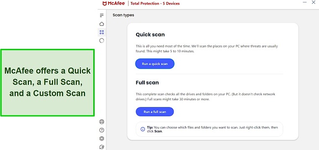 Screenshot showing McAfee's virus scan options