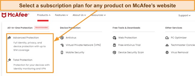 Screenshot of McAfee's product page