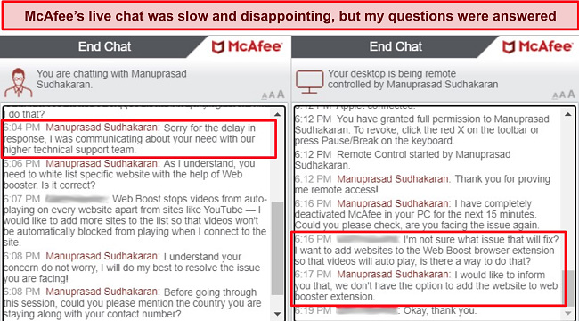 Screenshot of McAfee's live chat support