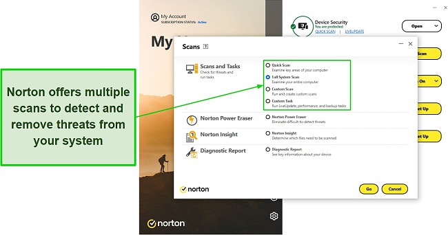 Screenshot of Norton's virus scanning options
