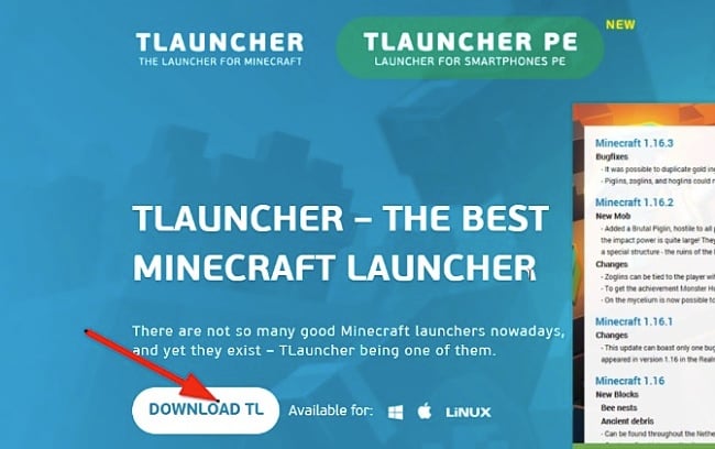 A TLauncher letöltés gombjának képernyőképe