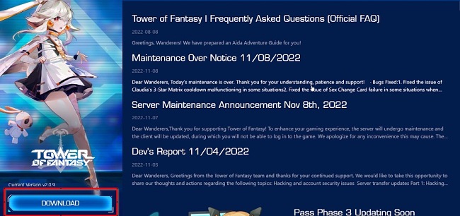 Capture d'écran de téléchargement de Tower of Fantasy