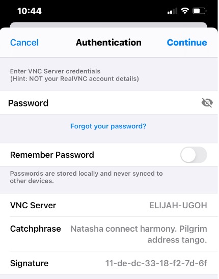 Capture d'écran de l'authentification VNC Viewer