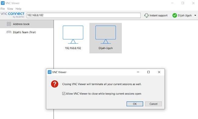 Snímek obrazovky uzavření VNC Vieweru