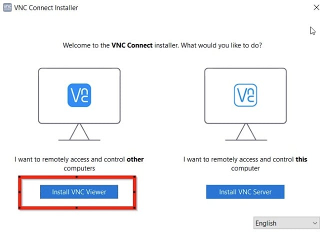 Capture d'écran de l'installation de VNC Viewer