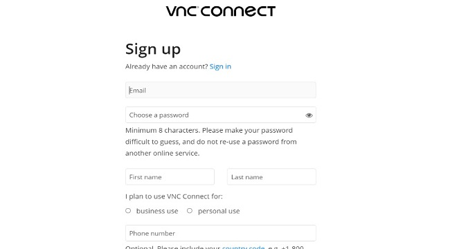 VNC Viewer sign up screenshot