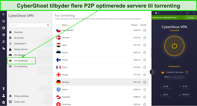 Skærmbillede af CyberGhosts P2P-optimerede serverliste